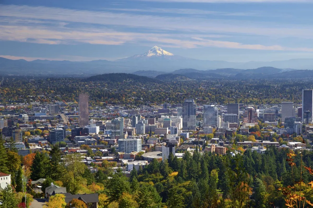 A scenic perspective of a distant snow-capped mountain set against a city skyline, framed by lush green trees and autumn foliage. The image invites thoughts of nearby trails and urban exploration.